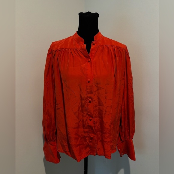 FRAME Denim Tomoto Red Silk Mandarin Collar Wide Cuff Swing Blouse XS - Picture 7 of 7